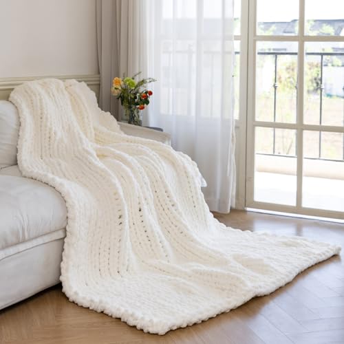 Chunky Knit Blanket - Luxury Soft Cozy 60 * 80 Throw Blanket,100% Woven Blanket Rope Knot Throw Blanket for Couch, Sofa, Home Decor, Gift - Machine Washable (Ivory White, 60 * 80) - color: Ivory White, size: 60*80