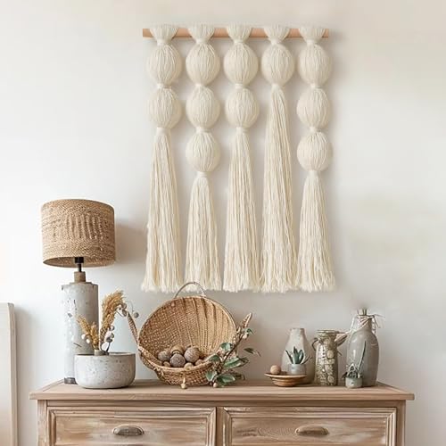 Jakalin Macrame Wall Hanging Boho Wall Decor with Cotton Ball Tassels Handmade Fiber Wall Art for Living Room Bedroom - color: Ivory