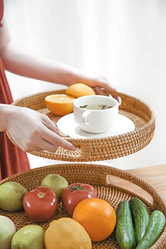 HITOMEN 11.8" Hand-Woven Round Rattan Serving Tray Decorative Wicker Trays with Handles for Coffee Table (Natural-M) - color: Natural, size: Medium (11.8 inches)