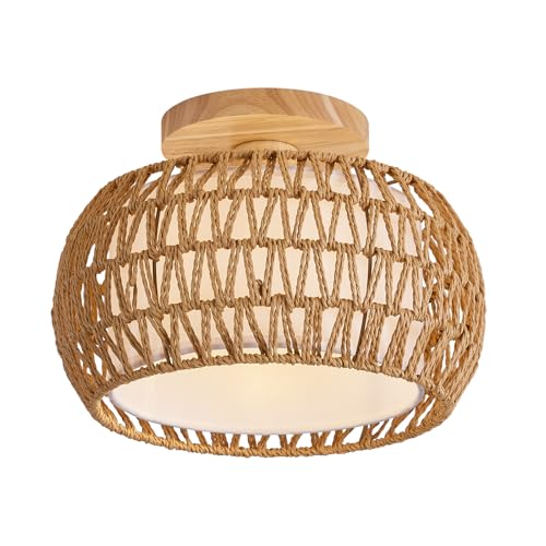 Rattan Ceiling Light Fixture，3 Style Options Boho Flush Mount Ceiling Lights, Hand-Woven Rattan Chandelier,Mini Bohemian Wicker Light Fixtures, Farmhouse Light Fixture for Bedroom Hallway Entryway - color: Light Brown