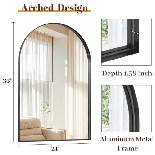 24" x 36" Luxury Arched Bathroom Mirror - Arch Wall Mirror with Shatterproof Tempered Glass and Metal Deep Frame, Hanging or Leaning for Living Room, Dresser, Entrance and Hallway, Black - color: Black, size: 36"L x 24"W