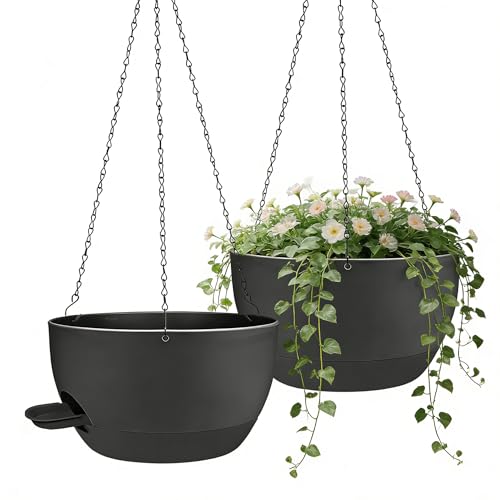 12 Inch Self Watering Hanging Planters 2 Pack, Indoor Outdoor Hanging Pots for Plants with Drainage Holes & Saucers, Black Plastic Hanging Baskets for Kitchen Balcony Garden - color: Black