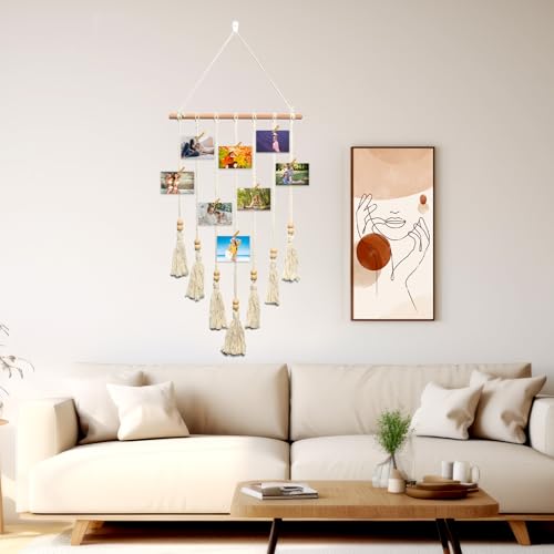 Hanging Photo Display Wall Decor Macrame Wall Hanging Boho Collage Picture Frames Decor for Dorm Bedroom Living Room Teen Girl Gifts-A - color: Beige Photo Decoration A
