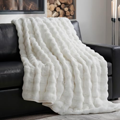 EverGrace Ultra Soft Luxury Fluffy Faux Rabbit Fur Throw Blanket, Thick Warm Bubble Throw for Bed, Cozy Plush Reversible Blankets for Couch, Chair, Sofa, Bright White, 50x60 Inches - color: Bright White, size: 50"x60"
