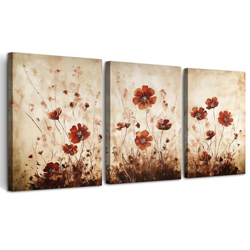 TTHYUEWS Boho Wall Decor for Bedroom Canvas Wall Art for Living Room Office Decorations Flowers Wall Pictures Watercolour Paintings Artwork Modern Aesthetic Bathroom Home Decor 3 Piece Ready To Hang - color: Flowers, size: 12x16inches*3pcs