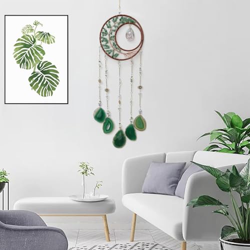 Green Moon Crystal Tree of Life Dream Catcher with Agate Pendant | Handmade, Wall Decor, Wall Hanging Ornament, Bedroom Living Room Home Decor