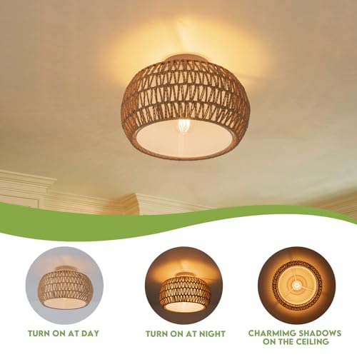 Rattan Light Chandeliers Boho Ceiling Light Fixtures Drum Flush Mount Ceiling Light Small Woven Chandelier for Kitchen Bedroom Hallway Nursery Light Fixture - color: Rattan Drum