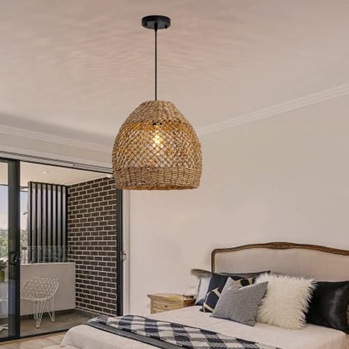 Boho Rattan Pendant Lights 13.8IN Farmhouse Dining Room Light Fixtures Hand-Woven Seagrass Chandelier Coastal Wicker Hanging Lighting for Kitchen Island Entry Living Room Bedroom Foyer Restaurant - color: Coffee-C