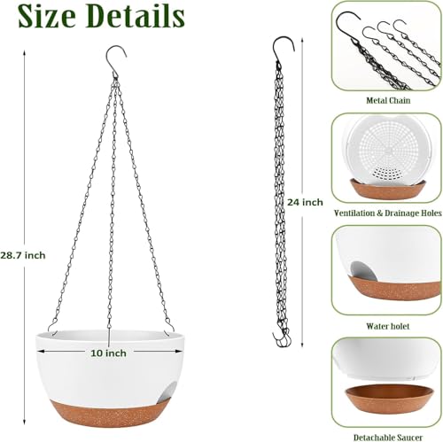 Hanging Planters for Outdoor Indoor Plants, 2 Pack 10 Inch Hanging Basket Plants Outdoor, Self Watering Hanging Planter with Plant Hanger for Garden Home Decoration (White, 10 inch) - color: White, size: 10 inch