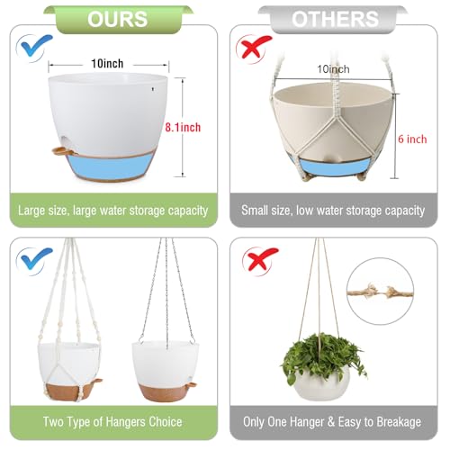 Meowell 10 inch Self Watering Hanging Planters, 2 Pack Hanging Baskets for Indoor Outdoor Plants, Hanging Flower Pots with Drainage Holes & 2 Kinds of Plant Hangers for Garden Home Décor, White Brown - color: White With Brown