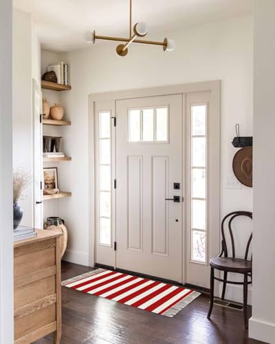 Simple Red Stripes Kitchen Runner Rug 2'x4', Washable Woven Cotton Area Rug Bathroom Hallway Rug, Geometric Vertical Linens Modern Minimalism Entryway Bedroom Rug Non Slip Throw Rug Carpet - color: Red, size: 2 x 4 ft