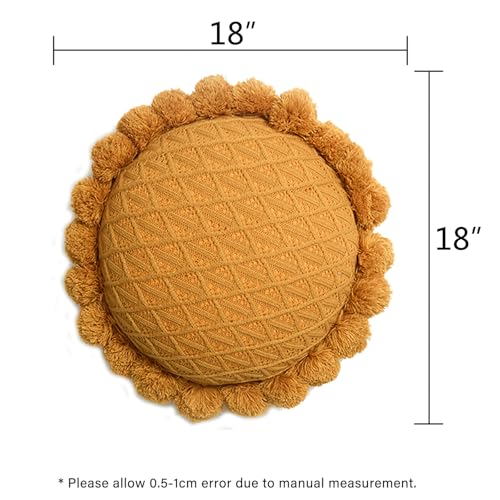 Acrylic Knitted Round Throw Pillow Knitting Bohemian Circular Cushion Pillow with Knit Handmade Pompoms Decorative Warm Orange, Diameter 18inches - color: Warm Orange