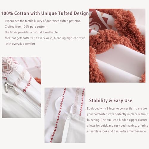 Herside 100% Cotton Boho Duvet Cover Set King Size,Shabby Chic Aztec Western Brick Red Tufted Bedding,Farmhouse Luxury 3 Piece Textured Quilt Duvet Set for All Season Home Decor - color: Brick Red, size: King(No Comforter)