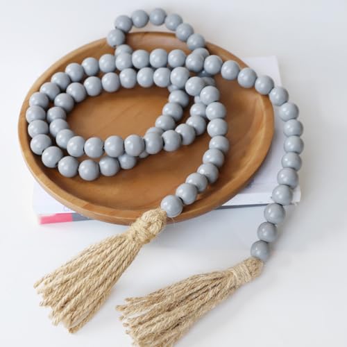 Boho Decor Wood Beads Garland Farmhouse Wall Hanging Decorations Natural Wooden Bead Tassel Decorative for Coffee Table Christmas and Prayer (Gray, 58") - color: Grey, size: 58"