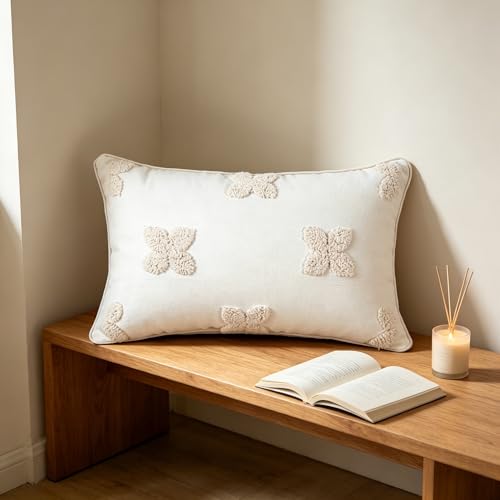 Beautiful Embroidery Four-Leaf Flower Throw Pillowcase Soft Woven Cotton Canvas Accent Pillow 12x20 Inch Tufted Clover Decorative Pillowcase with Cross Stitch for Preppy Stuff Room 1PCS (Cream Beige)