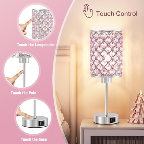GyroVu Crystal Table Lamp, Pink Touch Lamp with USB C+A Ports, Dimmable Lamp with Crystal Shade, Bedside Lamp Small Lamp for Girl Bedroom, Living Room(Buld Included) - color: Pink, size: 14.75"