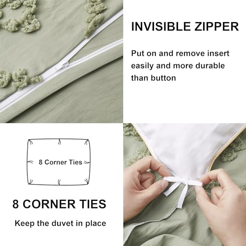 Oli Anderson Tufted Duvet Cover Queen Size, Soft and Lightweight Duvet Covers Set for All Seasons, 3 Pieces Boho Embroidery Shabby Chic Bedding Set (Mist Sage, Queen, 90"x90") - color: Mist Sage, size: Full/Queen(90"×90")