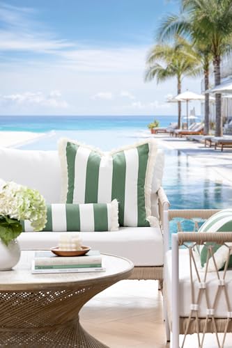 Hofdeco Premium Coastal Hampton Outdoor Performance Throw Pillow Cover Only, 20"x20" Water Repellent, UV and Fade Resistant for Backyard, Couch, Poolside, Green Woven Beach Stripes - color: Green Beach Stripes 20"x20"