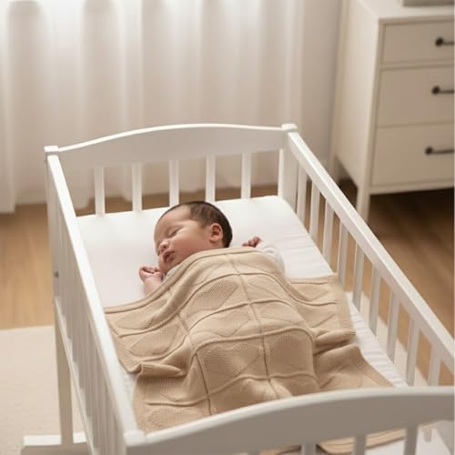 Baby Knit Cotton Blanket Beige Heart Design Cozy Stroller Crib Throw Soft Nursery Gift Baby Shower Birthday Christmas Size 36x28 - color: Beige, size: 36"x28"