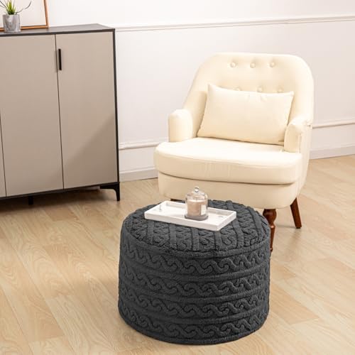 Round Plush Ottoman Pouf Stuffed– Fluffy Ottoman Foot Rest with Modern Foam Filler 20" x 14" Cozy Floor Pouf for Living Room & Bedroom (Gray) - color: Grey