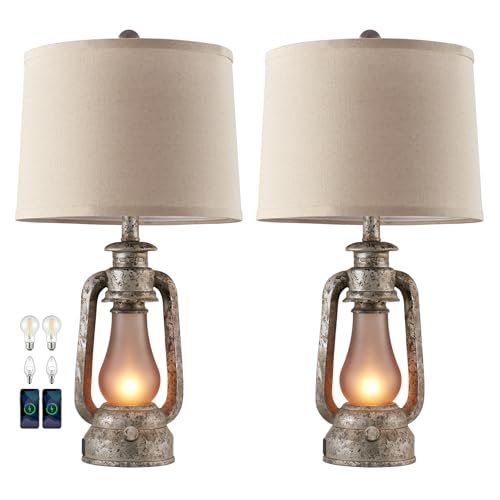 Farmhouse Rustic Table Lamps Set of 2, Iron Gray | Vintage Lantern Design, Dual USB Ports, 25 Inch Tall, 4 Bulbs Included - color: Iron Gray - 25'' Lantern Lamps