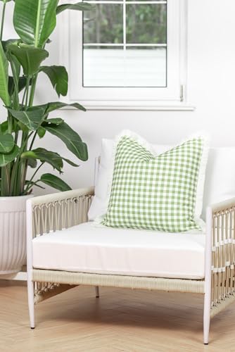 Hofdeco Premium Coastal Patio Indoor Outdoor Pillow Cover Only, 20"x20" Water Resistant for Backyard, Couch, Green Gingham Fringe (Pack of 2) - color: Green Plaid 20"x20", size: 20" x 20" (Pack of 2)