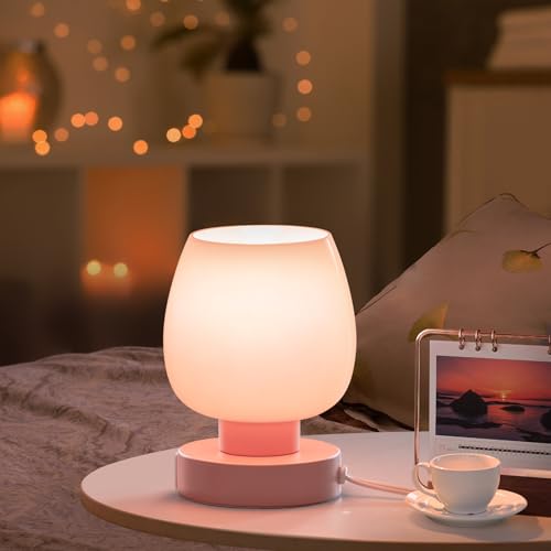 Touch Bedside Table Lamp - Pink Small Lamp for Bedroom with USB C+A Charging Ports 3 Way Dimmable, Nightstand Desk lamp with Glass Lamp Shade Warm LED Bulb Included, Simple Design Christmas - color: USB-pink_1pack, size: USB