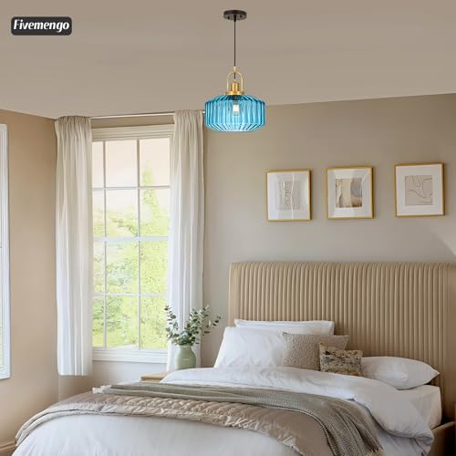 11.8in Mid Century Modern Pendant Light, Gold Large Blue Glass | Vintage Lighting Fixture Ceiling Hanging Lamp for Kitchen Island Foyer Dining Room Bedroom Entryway Hallway Over Sink Table - color: Blue & Gold Hardwire, size: 11.8in