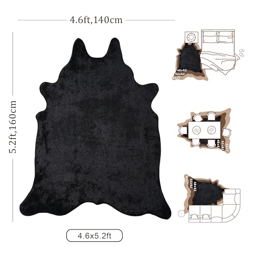 Black Faux Fur Cowhide Rug, Cow Hide Cow Print Rug for Living Room Bedroom 4.6x5.2 Feet - Animal Print Cow Skin Rustic Western - color: Black, size: 4'7" x 5'2" (Rectangular)