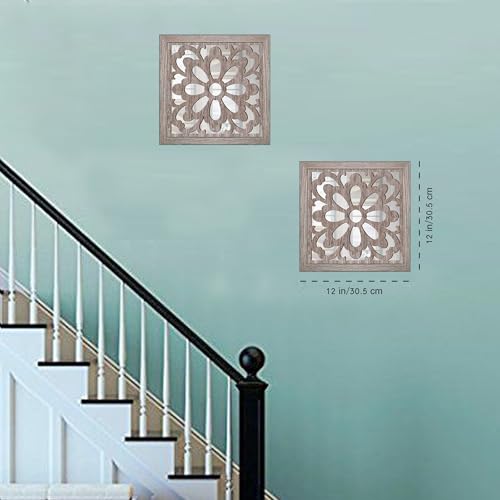 Yudarte 2pcs Set Square Mandala Cutout Wall Mirror Decor - Farmhouse Rustic Decorative Mirrors for Bedroom Bathroom Living Room Kitchen Entryway 12x12 Inches - color: Barn Mirror Style C2