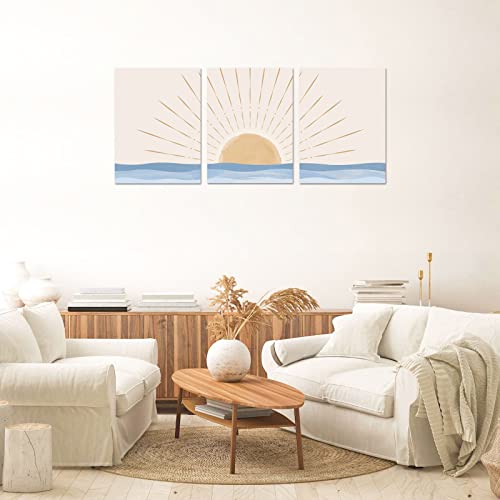Boho Wall Art Set of 3, Neutral Geometric Sun Rising on the Sea Minimalist Art Framed Canvas Prints Artwork, Mid Century Modern Boho Sun Wall Art Decor for Bathroom, Bedroom, Living Room, Office - size: 12x16Inchx3pcs-Framed