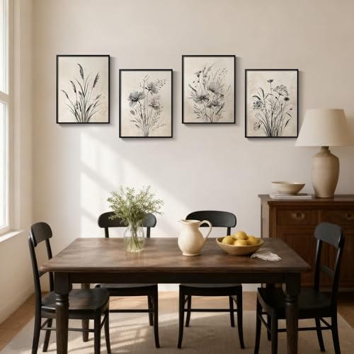 Framed Vintage Botanical Wall Art, 4 Piece Neutral Rustic Boho Floral Canvas Painting Prints for Modern Farmhouse, Black and White Flower Pictures for Living Room Bedroom Dining Room Wall Decor, 12x16 - color: Misty - Black Framed, size: 12" W x 16" H x 4