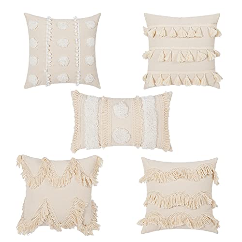 vctops Bohemian Geometric Tufted Throw Pillow Cover Rustic Moroccan Fringe Cushion Cover for Bed Sofa Couch (Beige A,12"x20") - color: Beige a, size: 20" x 12" (Pack of 1)