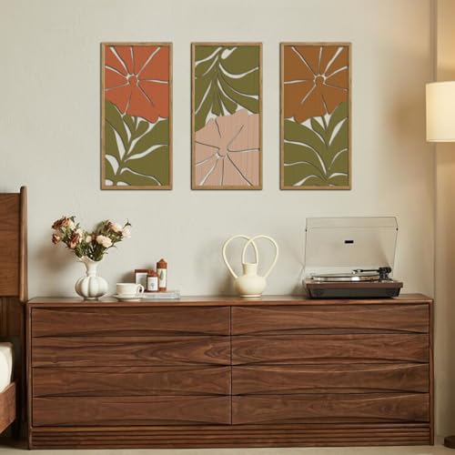 KAIRNE Boho Wooden Wall Art,Bohemian Wood Wall Decor Set of 3(16”X8”),Abstract Minimalist Hanging Decor,Vintage Farmhouse Bohemian Artwork for Living Room Bedroom Kitchen Office Decoration,Framed - color: Bohemian, size: 8"L x 16"W