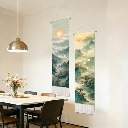 seewan 2 Pack Long Vertical Wall Tapestry, Boho Nature Landscape & Floral Aesthetic Wall Hanging for Bedroom Living Room Home Decor, Long Narrow Art Tapestry with Sunrise Mountain Botanical Designs, 13" × 51" (Mist Mountain Layers, 13"Wx51"H, Unframed) -