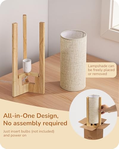 EDISHINE Small Wood Table Lamp, 13.5" Modern Bedside Lamp, Beige Linen Shade, Natural Wood Cylinder Nightstand Lamp for Bedroom Living Room, On-Off Line Switch, E26 Base (Bulb Not Included) - color: Natural Wood Color