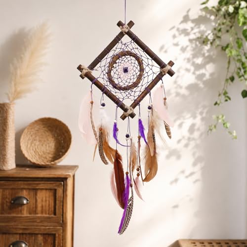 Rattan Dream Catchers with Peacock Feather, Boho Wall Decor Rustic Wooden Native American Wall Art for Bedroom Living Room (Purple Brown) - color: Purple Brown