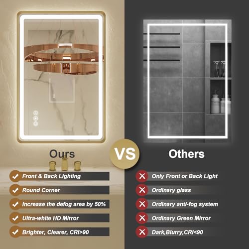 24x36 Inch LED Bathroom Mirror with Gold Metal Frame, Front and Backlit Vanity Mirror, Stepless Dimmable Wall Mirrors with Anti-Fog, 3 Colors, Memory Function, Waterproof, LED Smart Bathroom Mirror - color: Gold, size: 24"L x 36"W