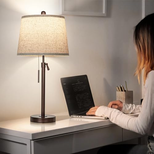 Table Lamps Set of 2, 22" to 30"Adjustable Height Bedside Lamps for Living Room 3 Color Temperatures Tall Nightstand Lamps Modern Brown Table Lamp for Bedroom Office End Table (Bulbs Included) - color: Brown+Beige Shade Set of 2