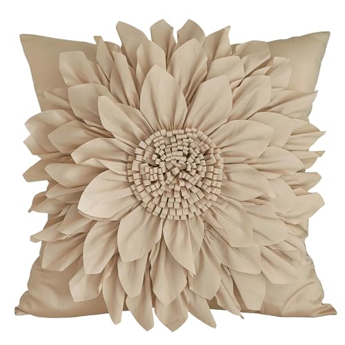 Bella's Giftshop 3D Sunflower Decorative Throw Pillow Covers for Bed Sofa Couch Car, Accent Floral Taffeta Cushion Cover, Handmade Pillow Cases Living Room Decor, 17x17 Inch-Beige/Taupe - color: Beige