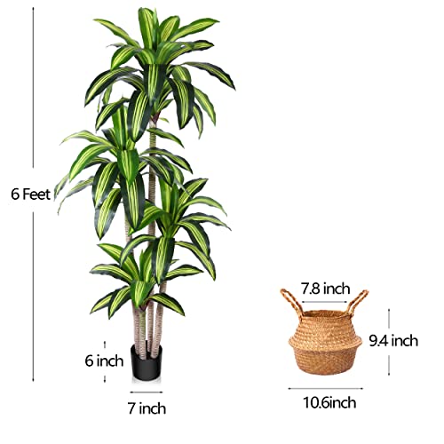 Ferrgoal Artificial Plants, 6 Ft Dracaena Tree Faux Plants Indoor Outdoor Decor Fake Tree with Woven Seagrass Basket Plants for Home Decor Office Living Room Porch Patio Housewarming - size: 6ft