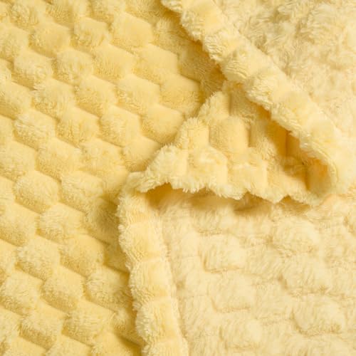 Vessia Flannel Fleece Queen Size Bed Blanket(90x90 inch), 3D Jacquard Light Yellow Fuzzy and Warm Blanket for Adults, 300GSM Super Soft Touch Cozy Lightweight Bed Decor for All-Season - color: Light Yellow-3d, size: 90x90 inch