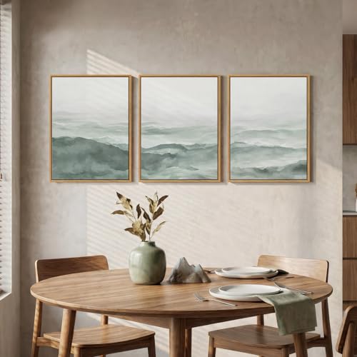 Framed Pastel Green Landscape Wall Art Bedroom, 3 Piece Minimalist Misty Mountain Scenery Canvas Artwork for Walls, Sage Green Paintings Prints Wall Decor for Living Room Home Office, 12x16 Inch - color: Pastel Green