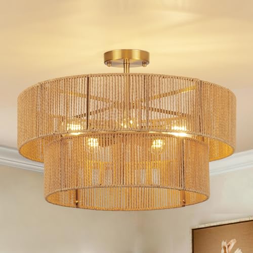22” Boho 2-Tier Rattan Ceiling Light Fixture, 5-Light Flush Mount Woven Chandelier for Bedroom, Dining Room, Kitchen, Entryway, Living Room, Rustic Gold Lighting - color: Pattern C