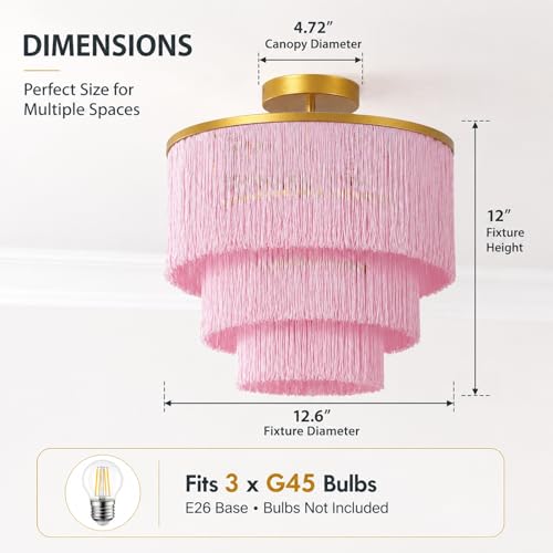 3-Tiered Pink Chandelier,3 Lights Boho Fringe Pendant Light Fixture,Tassle Chandelier for entryway,Dining Room,Baby Nursery,Gold and Pink - color: 3-Tiered-Pink