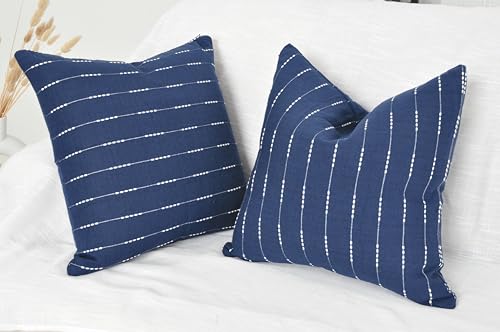 Modern Cotton Pillow Covers 18 x18 inches Navy Blue/Woven Loom Stripe Pattern Contemporary Luxury Cushion Covers/Simple Throw Pillow Cases for Living Room Sofa, Couch, Bed, Set of 2 - color: Blue, size: 18" x 18" (Pack of 2)
