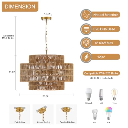 23.6" Rattan Chandelier Light Fixture,6-Light Vertical Woven Rattan Chandelier, 3-Tier Drum Hand-Woven Boho Light Fixture for Dining Room, Bedroom, Kitchen Island, Foyer - color: Gold-A 23.6"