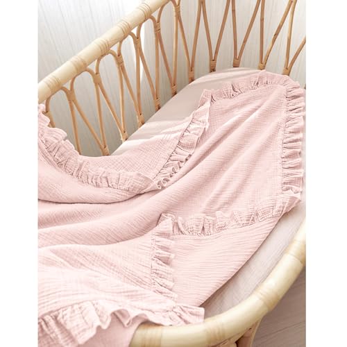 Konssy Flounce Muslin Baby Blanket for Girls Boys, 100% Cotton Soft Crib Swaddle Blankets, Reversible & Breathable Nursery Bedding for Newborns Toddlers, 43 x 39 Inches (Baby Pink) - color: Baby Pink, size: 43"x39"