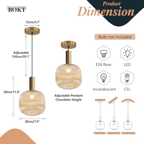BOKT Modern Large Amber Glass Globe Pendant Light Fixture Brushed Brass Gold Kitchen Island Pendant Lighting Farmhouse Single 1-Light Spherical Ceiling Hanging Pendant Light (Amber) - color: Amber