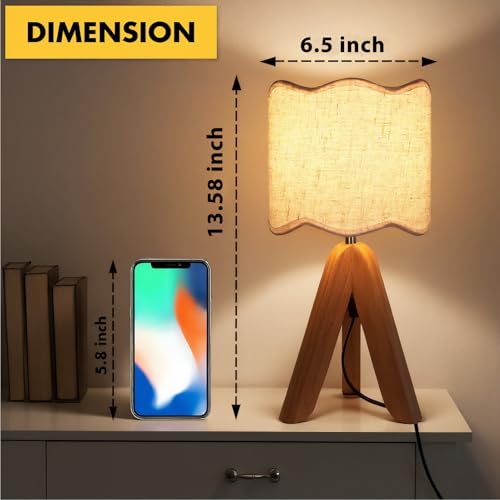 Hamilyeah Tripod Table Lamp with Wood Base, Bedside Lamp with Scalloped Fabric Linen Shade and On/Off Switch, Morden Nightstand Desk Lamp for Bedroom, Living Room, Kids Room, Office Dorm - color: Walnut Beige 1 PACK